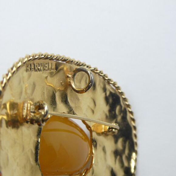 Gold Statement Brooch Pendant Agate Amber Stone Center Signed Barmell Large Pin - Picture 9 of 14